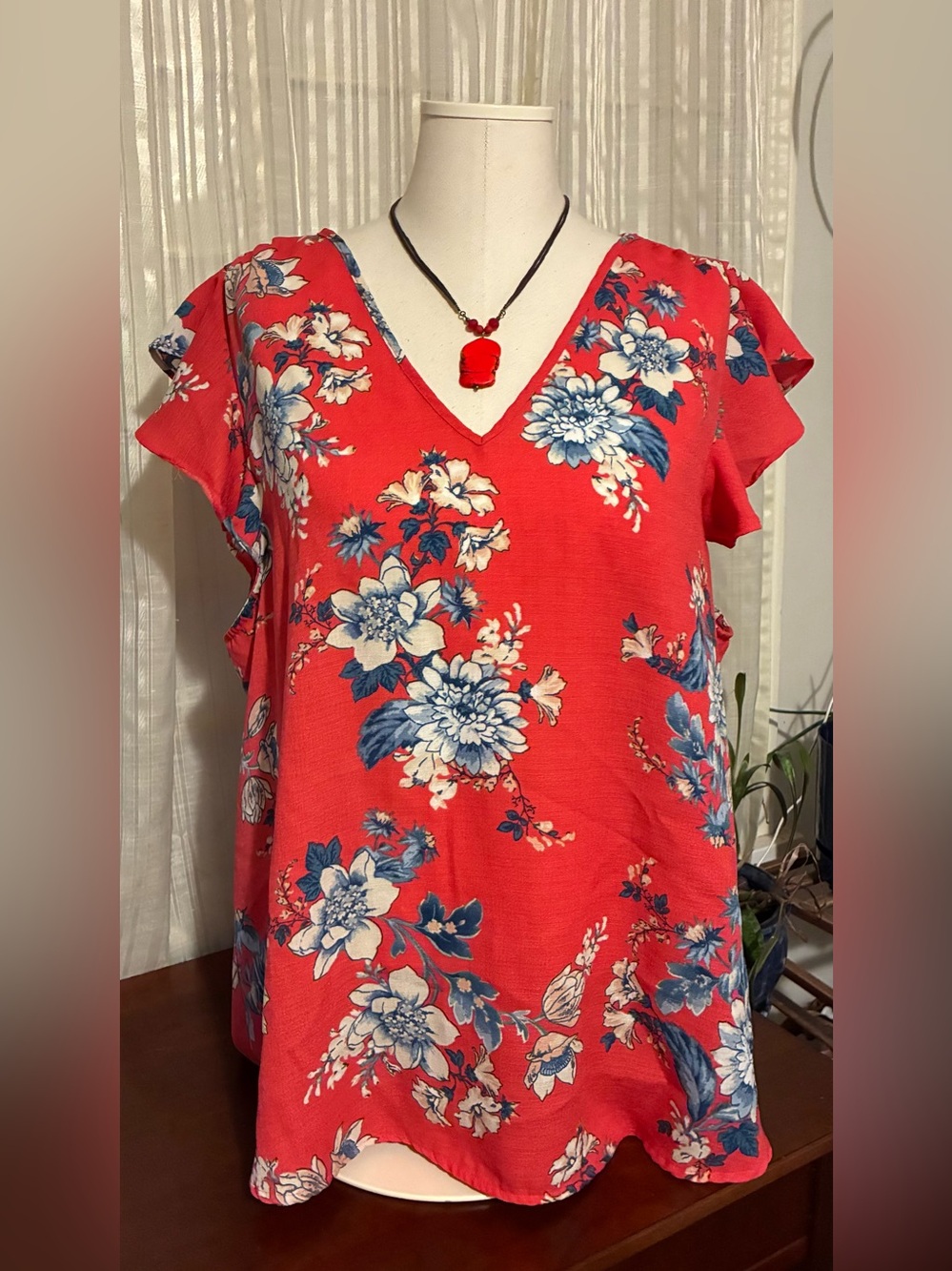 Renee C. Red V-Neck Floral Flutter Sleeve Tunic